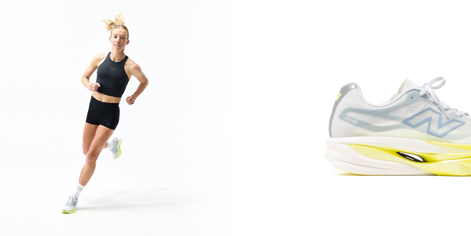Close-up side view of a New Balance running shoe featuring a light gray mesh upper, blue &ldquo;N&rdquo; logo, white laces, and a lime-green sculpted midsole with a visible hollow cushioning design.